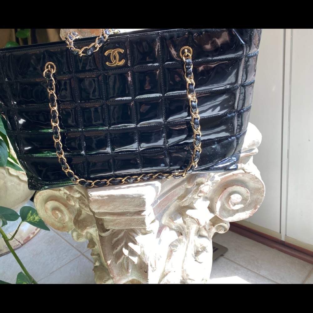 Chanel Black Quilted Patent Leather Chain Tote